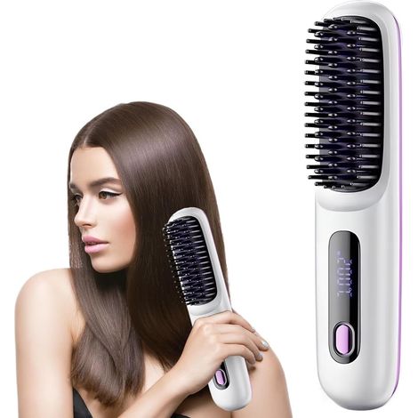 Brosse Lissante pour Cheveux, Brosse Lissante Sans Fil, Portable Rechargeable avec Revêtement Céramique et 3 Niveaux de Température pour les Voyages et la Vie Quotidienne (1/5)