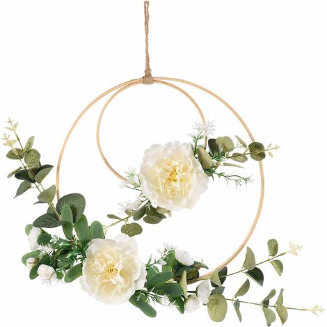 Couronnes printanières décoratives en bois avec roses blanches et feuilles artificielles à suspendre, lot de 2, diam. 30 cm