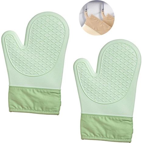 Guantes horno, 4 (2 guantes horno + 2 agarraderas Guantes horno silicona, Impermeables, hasta 300 °C, 29 x 18,5 cm, Ajuste universal, Gris (1/5)