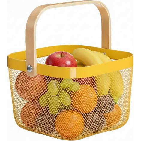 Panier de Rangement et d'Égouttage en Métal - Acier Peint Jaune - Poignée en Bambou - 26 x 18 x 25 cm - Pour Cosmétiques (1/5)