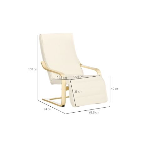 Fauteuil relax à bascule crème en bois de bouleau avec repose-pieds réglable et revêtement aspect lin pour salon et séjour (1/5)