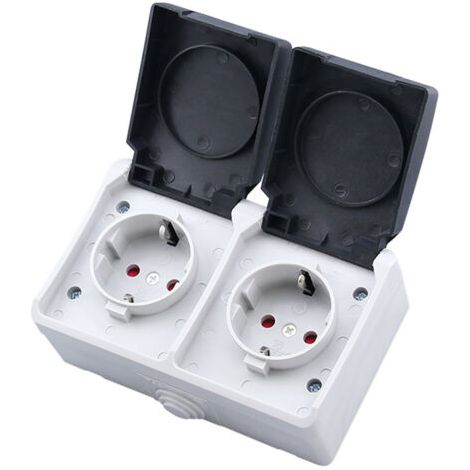 Prise double pour montage en saillie, adaptée aux pièces humides, avec couvercle rabattable et protection contre les contacts directs, prise avec contact de terre 16 A / 250 V / IP44, prise pour monta (1/3)