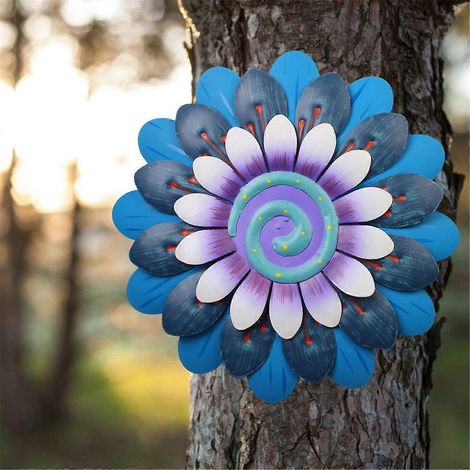 Décoration murale extérieure en métal bleu en forme de fleur, fleurs mignonnes -- (1/5)