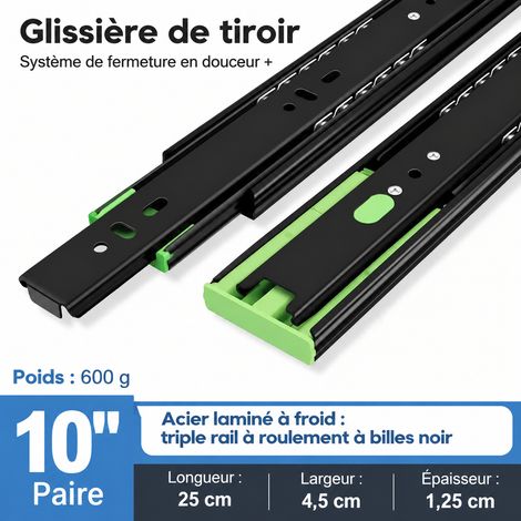 Glissière de tiroir télescopique 3 sections en acier noir extra épais 10 pouces 25 cm 10 25cm réf 8836 25 × 1 × 1 cm 730 g – Livraison gratuite