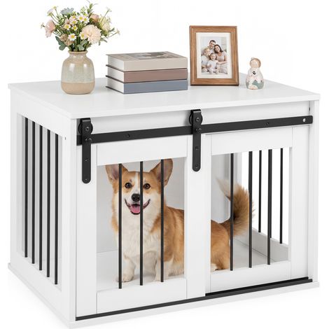 Cage pour Chien, Porte Coulissante, Boutons de Verrouillage Réglables, Cadre Métallique, pour Petits/Moyens, Charge 25 kg, Blanc (1/5)