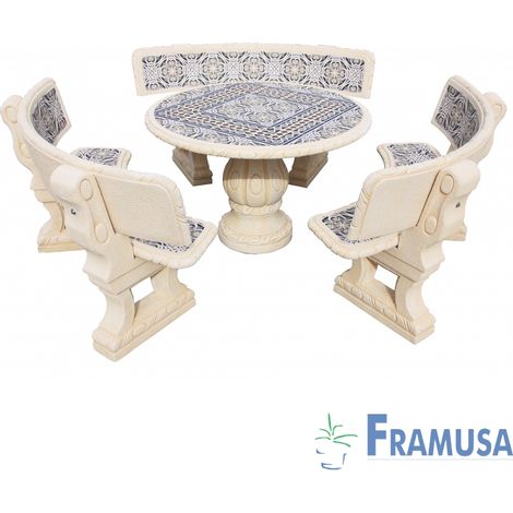 CONJUNTO COMEDOR PIEDRA CIRCULAR JARDIN CASTAÃƒâ€˜O SNOW ARENA AZULEJOS CON RESPALDO OCRE
