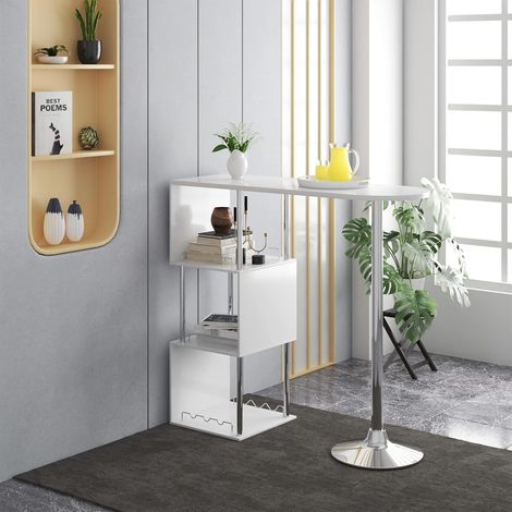 WOLTU Mesa de Bar Mesa de Bistro Mesa de Comedor con Tres Rejillas Estructuras para Vino Metal MDF 113x40x105cm(BxTxH) Blanco (1/5)