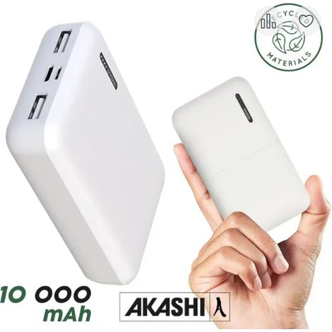 Batterie externe AKASHI 10000 mAh Blanche USB 2,1A + USB-C (1/2)