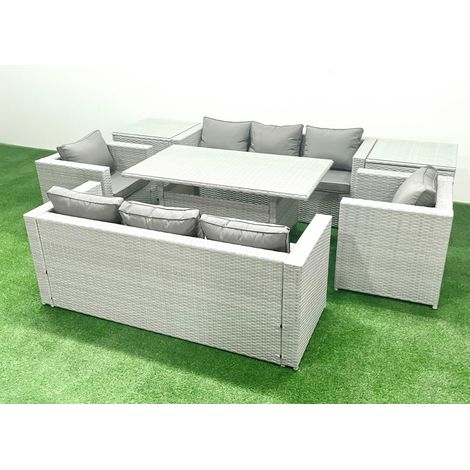 Fimous Rattan Gartenmöbel-Set Outdoor 8 Sitzer mit Esstisch 2 Sesseln 2 Beistelltischen Hellgrau gemischt (1/5)