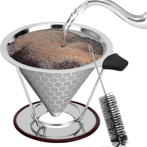 Filtre à café en acier inoxydable - Sans papier, réutilisable, avec double maille et poignée en silicone (1/5)