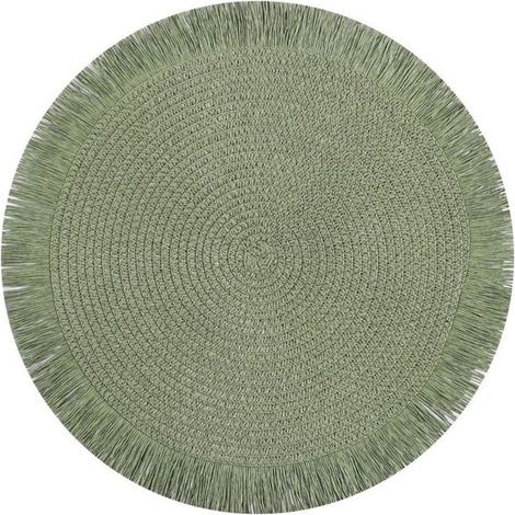 Ensemble de six sets de table ronds de style bohème, 38 cm, tissés style champêtre, couleurs résistantes, lavables, verts.