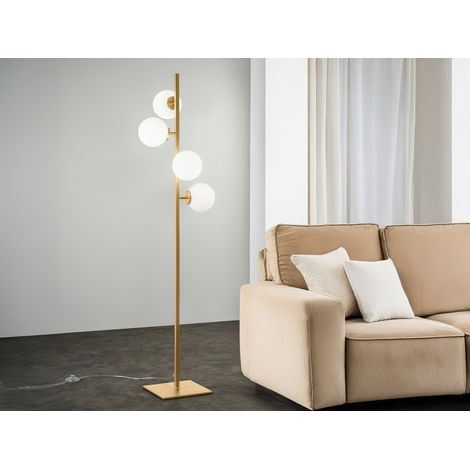 Stehlampe ENOIRE 4-flammig Gold mit Glaskugeln in Opalweiß, Höhe 150cm