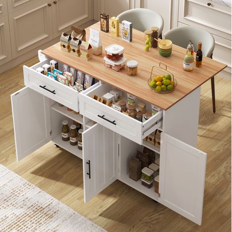 Mueble de cocina con mesa abatible, 129 x 46 x 91,5 cm, MDF blanco y natural DESVIAE (1/5)