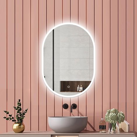 Aica Miroir salle de bain Ovale Lumineux 50x70cm Tricolore + Dimmable + Mémoire + Anti-Buée, CE IP44