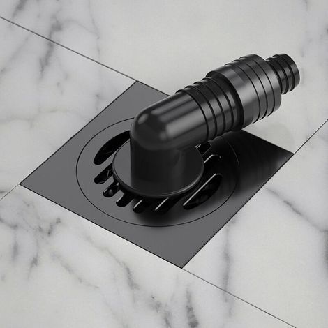 Square shower drain (100 x 100 mm) with removable strainer cover, external floor drain, washing machine connection, in brass/black (1/5)