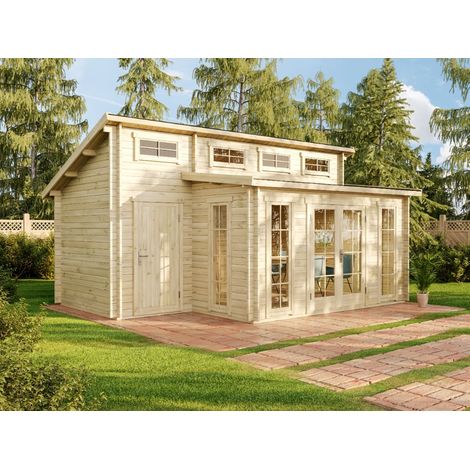 Alpholz – Abri de jardin bois Lausitz 590 x 440 cm – Épaisseur paroi 40 mm – Toit double pente – 1 porte double et 1 porte simple – 4 fenêtres d'imposte