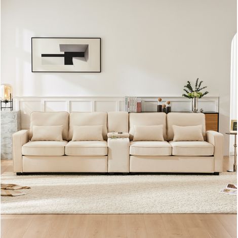 4-Sitzer-Sofa 290x83x88 cm Beige Leinenstoff mit Konsole, USB-Anschluss, Getränkehaltern und Kissen (1/5)