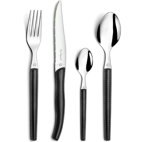Lou Laguiole Sky 2271AAPA23C40 Servizio di posate per 6 persone, in acciaio inossidabile/manico effetto pelle, 14 x 7,5 x 24,5 cm, colore: Nero (1/4)