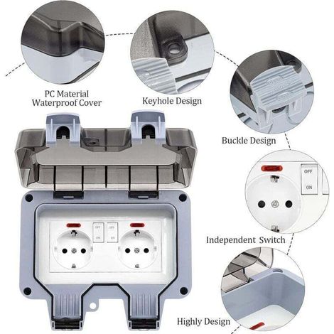 UlisemPrise Exterieure Etanche IP66 Double Prise de Courant et Volet de Protection Multiprise Electrique Murale de Jardin, Prise Anti-Poussière et Coupe-Vent avec Interrupteur, Voyant Lumineux - RWAut