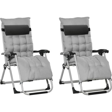 2 Piece Reclining Zero Gravity Sun Loungers with Cushions, Light Grey