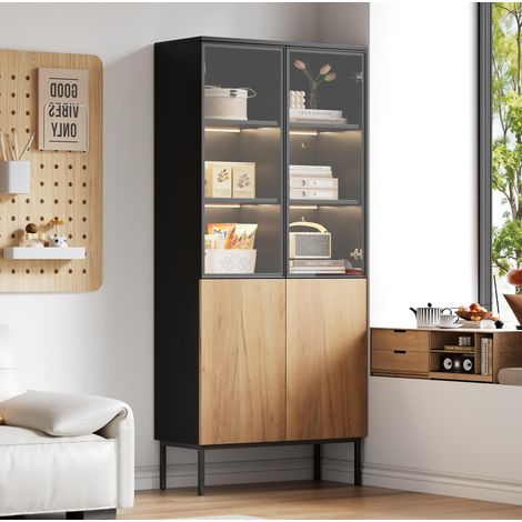 CHICFURN Vitrina de cristal 74x31x180 cm negra y roble con LED para libros y objetos (1/5)