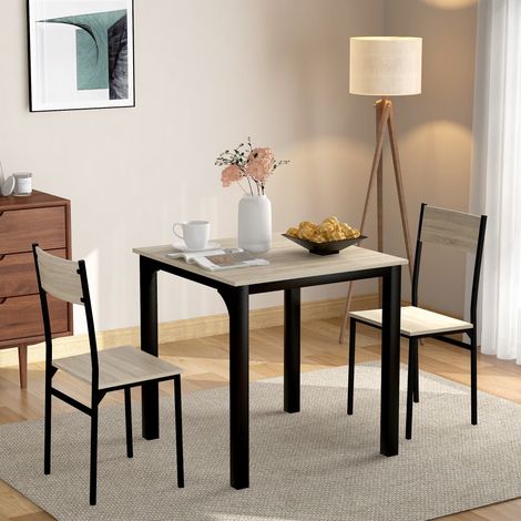 Set da pranzo con tavolo e 2 sedie in MDF e metallo color naturale, salvaspazio, tavolo 70x70x75 cm (1/5)