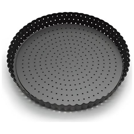 Moule à pizza perforé - Moule à quiche - Moule à pizza antiadhésif - Moule à pizza à fond amovible - Noir - Acier au carbone - 23 × 23 × 2,8 cm (1/5)