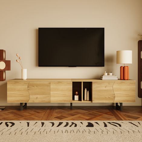 Meuble TV 191 cm avec compartiments fermés et étagères ouvertes, naturel, pour appartement et hôtel (1/5)