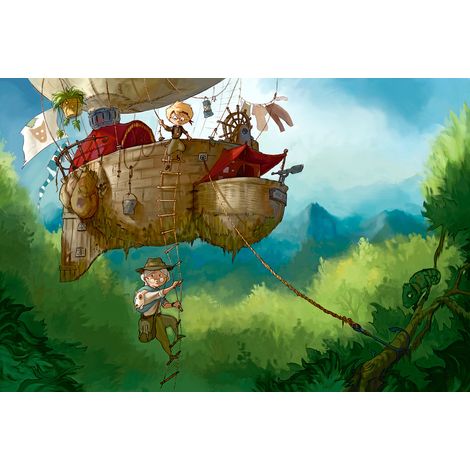 Papier peint panoramique chambre enfant montgolfière | Tapisserie panoramique bleu & vert | Papier peint panoramique explorateur chambre garçon - 267 x 400 cm (4 pièces) (1/2)