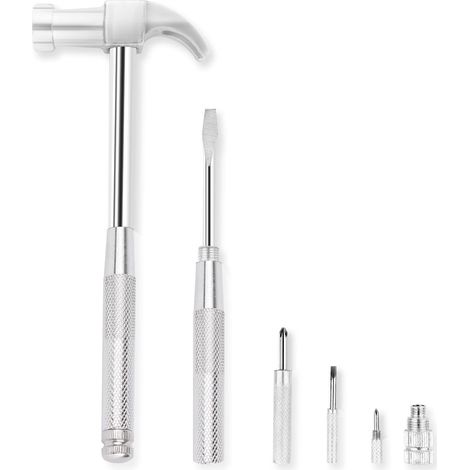6 en 1 Marteau et tournevis Outil Multitool Set Claw Hammer avec poignée antidérapante Tête fendue/plate Phillips Screwdriver Nail Puller cadeau pour les amis de la famille argent (1/5)