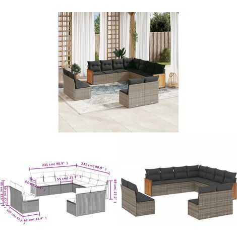 11-tlg. Garten-Sofagarnitur mit Kissen Grau Poly Rattan - Gartensofas - Outdoor Möbel - Lounge Set - Rattan Gartenmöbel - Gartenlounge - Home & Living (1/3)