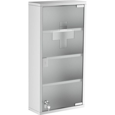Armoire à Pharmacie 3 étagères 4 Niveaux 30L x 12l x 60H cm Porte Verre trempé Symbole Croix Acier Inoxydable brossé (1/5)