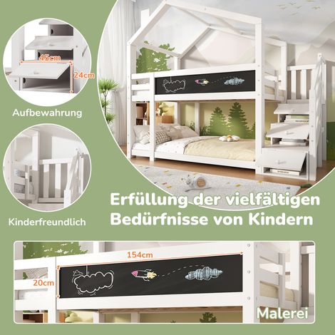 (=891234AAW) Lit cabane pour enfant 90 x 200 cm, lit superposé avec cheminée, rangement et protection antichute, blanc, sommier à lattes inclus (matelas non inclus) (1/5)