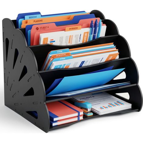 A4 MDF Desk Organiser, 5 Compartments - Black (1/5)