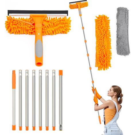3,1 m Fensterputzset mit Silikonabzieher und Mikrofaserbürste, professioneller Fensterabzieher, Teleskop-Fensterreiniger mit 270° drehbarem Kopf, Orange