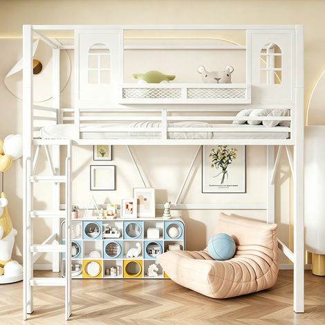 Lit mezzanine enfant 90x200 cm style cabane, espace libre sous lit, étagère 96 cm, échelle avec main courante, métal - Blanc (1/5)