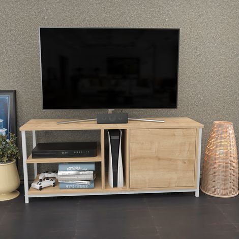 Decorotika Neola 119 Cm Wide Modern Meuble TV Meuble TV TV Cabinet Storage With Three Open Shelves And Cabinet - Blanc And Oak (1/4)