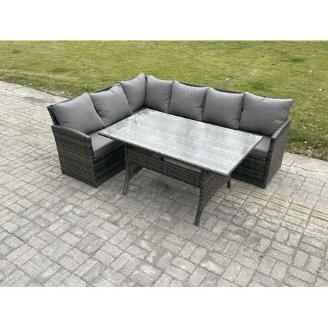 Fimous Outdoor Rattan Garden Furniture Corner Sofa Set with Rectangular Dining Table Patio Wicker Rattan Set Dark Grey Mixed