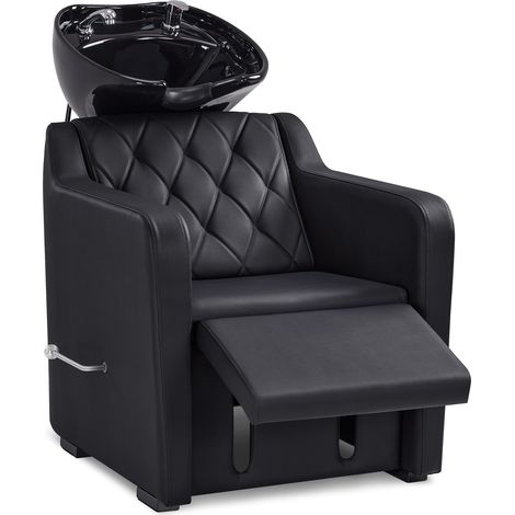 BarberPub Friseurstuhl mit Waschbecken, Klappbare Beinstütze, Friseurwaschbecken aus Keramik Verstellbar, Friseurwaschsessel für SPA Salon, Friseur Waschplatz 8620 (Schwarz/Kunstleder)