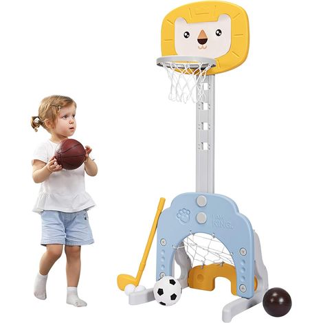 Basket per Bambini Centro attivita Multifunzione - Palla Canestro, Calcio e Golf, Mazza da Golf e Palle incluese, per Bambini, Altezza Regolabile (Leone Giallo) (1/5)