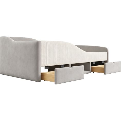 Lit enfant 90x190 cm, lit multifonction avec 2 tiroirs et barrières de sécurité, tissu velours doux et hypoallergénique, sans matelas, gris (1/5)
