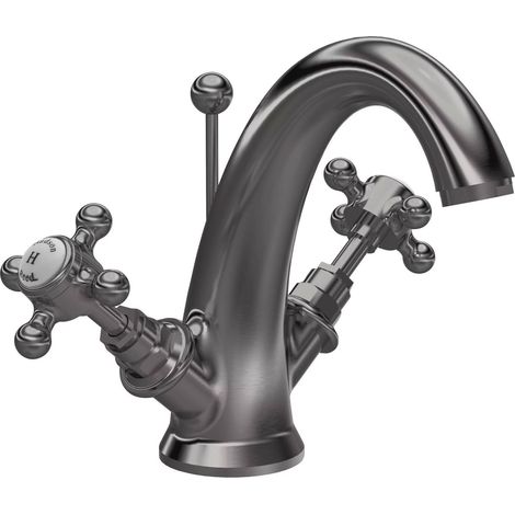 Hudson Reed Topaz Hexagonal Mono Basin Mixer Tap Dual Handle with Pop Up Waste - Brushed Pewter (1/2)