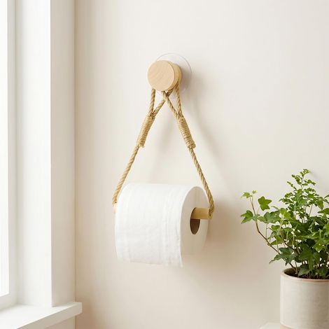 Porte-papier toilette sans perçage - En bois et corde - Autocollant vintage - Sans perçage - Pour toilettes, salle de bain, salle de bain - Décoration bohème (1/5)