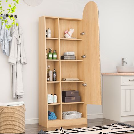 REDOM - Armoire de rangement 60x28x165 cm, miroir plein pied incurvé, étagères réglables, rangements ouverts, MDF naturel (1/5)