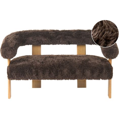2 Seater Sofa Dark Brown Faux Fur Upholstery Retro Design Light Brown Wooden Legs Living Room ILBRO