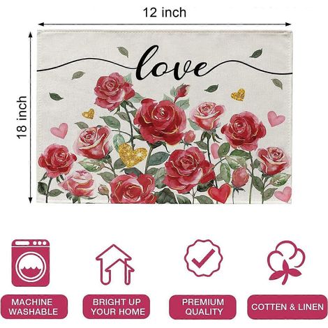 Ensemble de 4 sets de table fleuris pour la Saint-Valentin, roses, rouges et or, avec des cœurs. Décoration idéale pour la table à manger, les anniversaires, les mariages et les fêtes. (1/4)