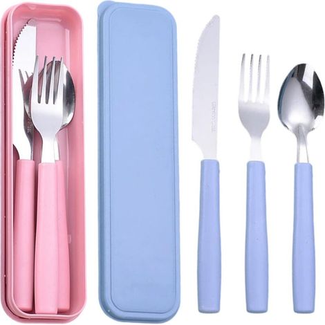 2 Pièces Ensemble de couverts de voyage en acier inoxydable, ensemble de couverts portables boîte de rangement (cuillère, fourchette, couteau) - Camping, bureau, pique-nique (bleu, rose) (1/5)