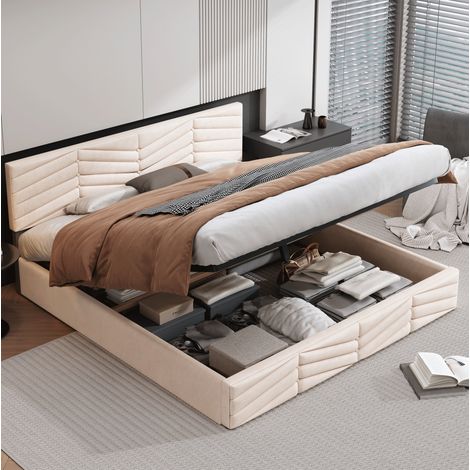 MEUBLIV Cama con canapé 160x200 cm beige, cabecero ajustable, almacenaje hidráulico, sin colchón (1/5)