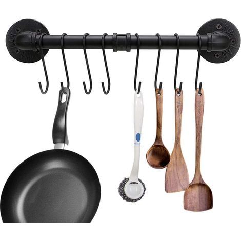 Porte-ustensiles industriel de 40 cm avec 8 crochets – Support mural pour ustensiles de cuisine, couvercles et torchons (1/4)