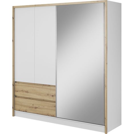 SARA Kleiderschrank 204 cm Schiebetür spiegel 2 schubladen weiß matt / artisan eiche